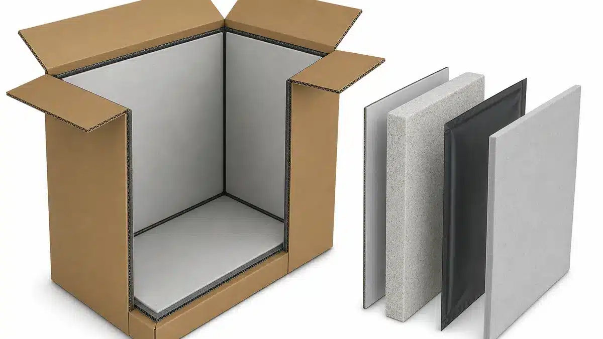 Technical concept cutaway of protected vacuum insulation panels forming an insulated shipping carton