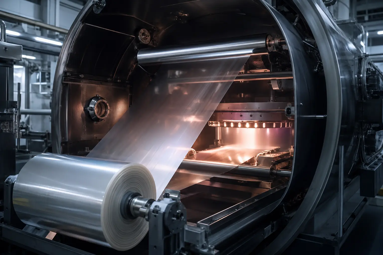 Concept illustration of a generic vacuum metallization chamber depositing aluminum onto a moving polymer web.