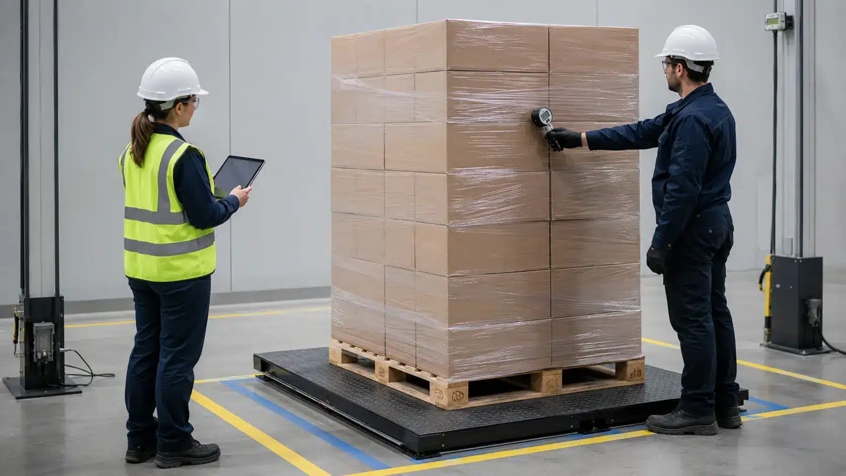 Concept illustration of a wrapped pallet being checked for stability after film usage optimization