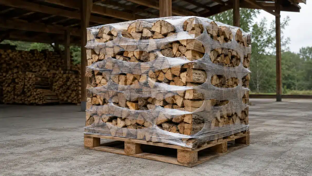 Stacked firewood unitized on a pallet with open-area stretch wrap