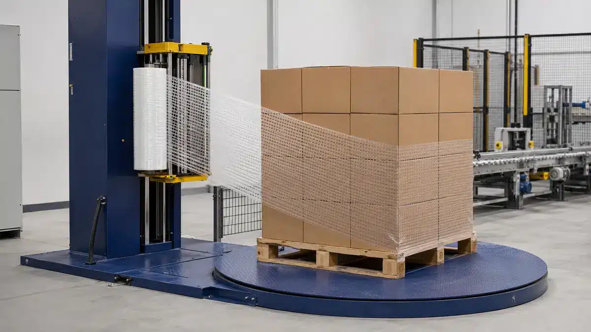 Generic turntable wrapper applying perforated stretch film to a boxed pallet