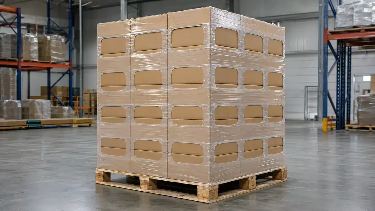 Generic pallet wrapped with visibly perforated stretch film in a warehouse