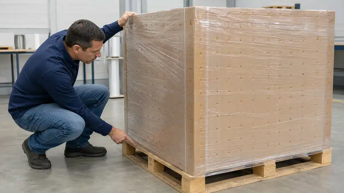 Technician inspecting vent alignment and load condition on a wrapped pallet trial