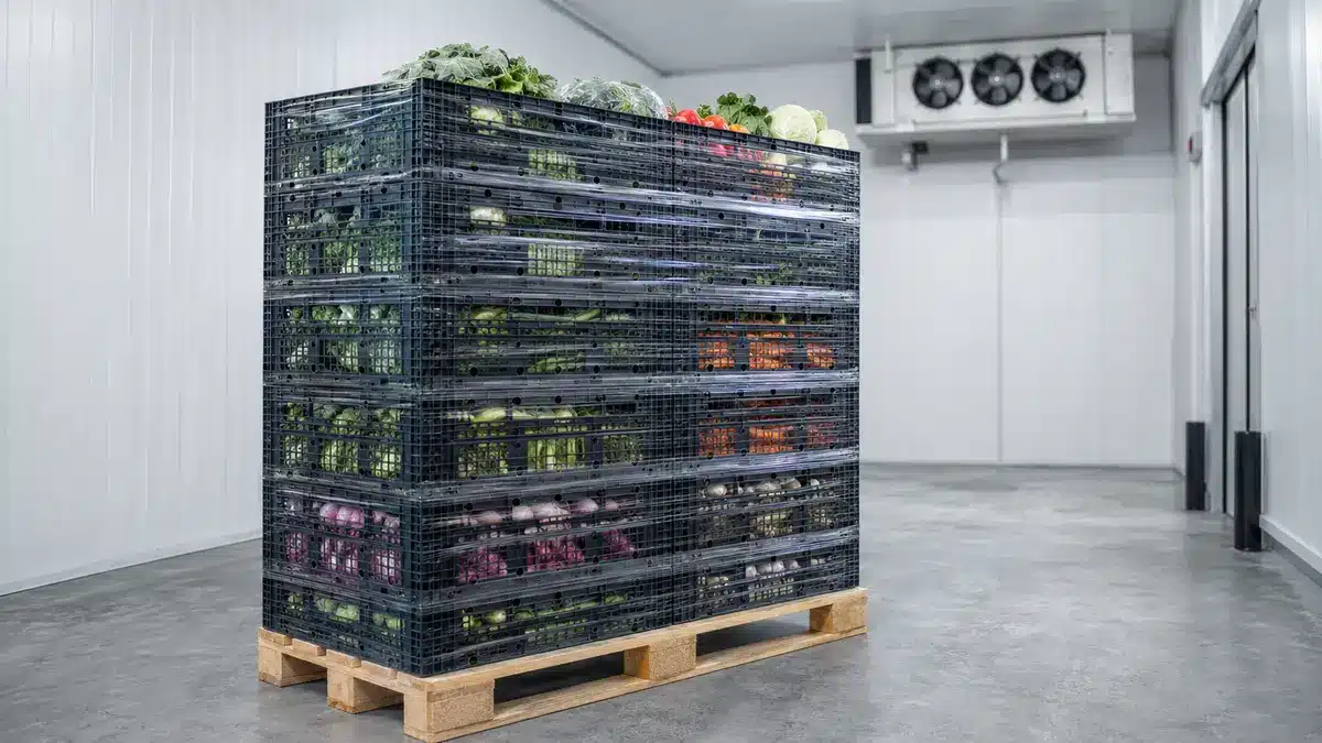 Unbranded produce crates on a pallet wrapped with vented film in a cold room