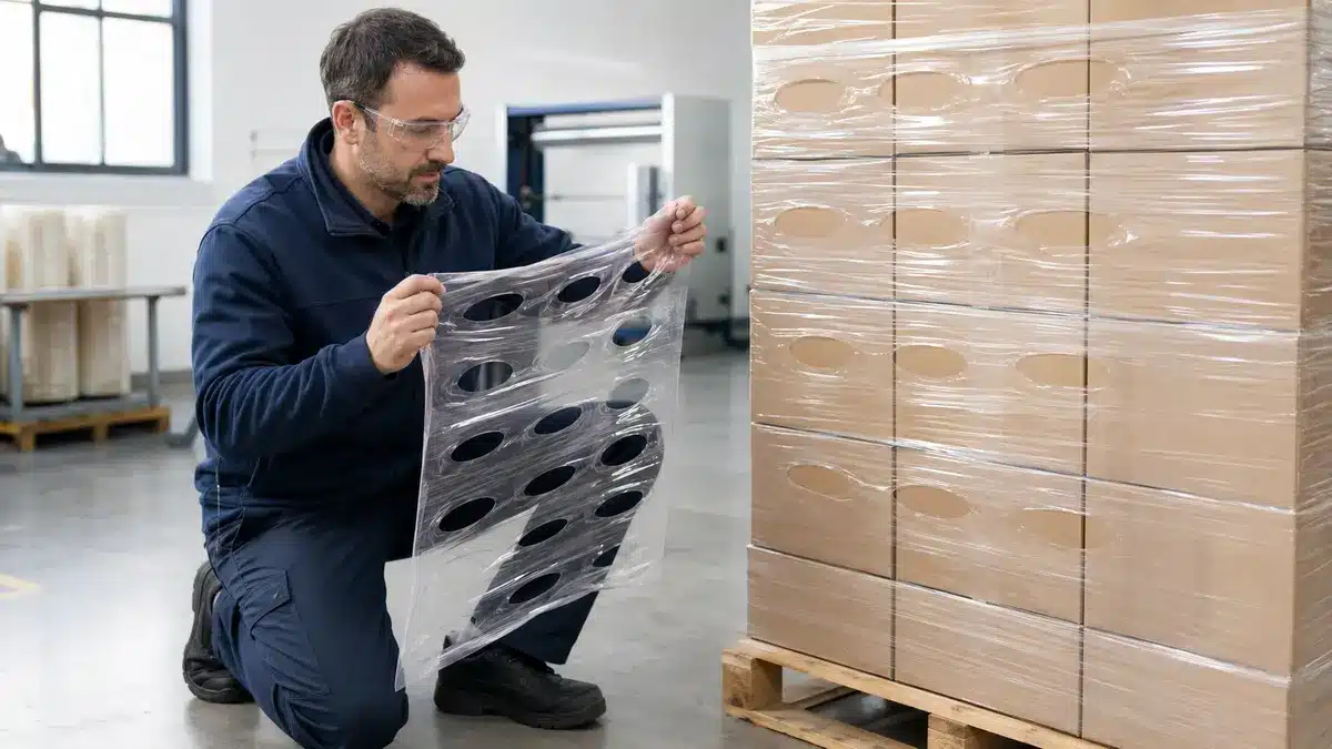 Packaging engineer comparing a vented film sample with a generic pallet load