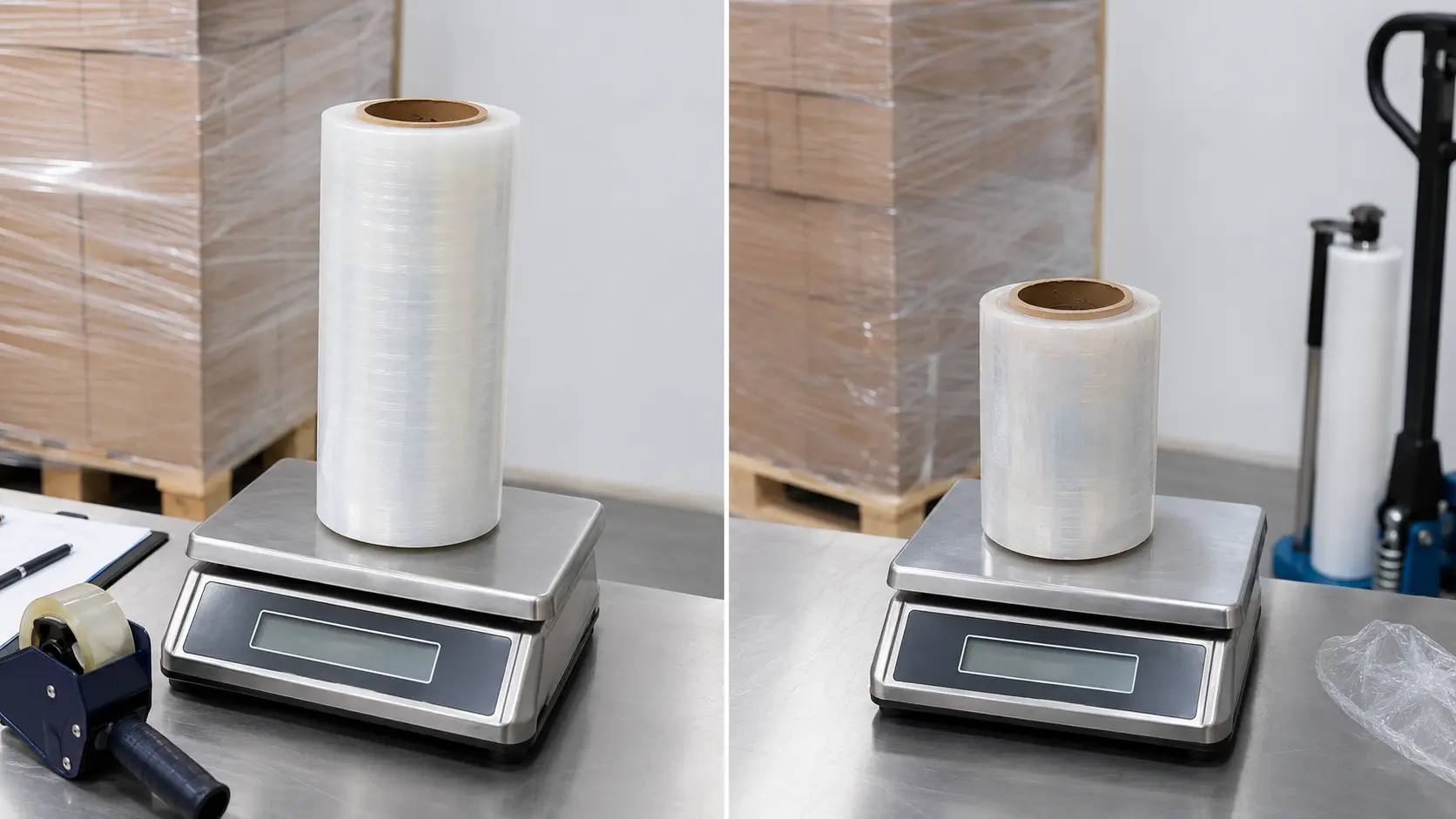 Concept illustration of a stretch film roll being weighed before and after a pallet wrapping run