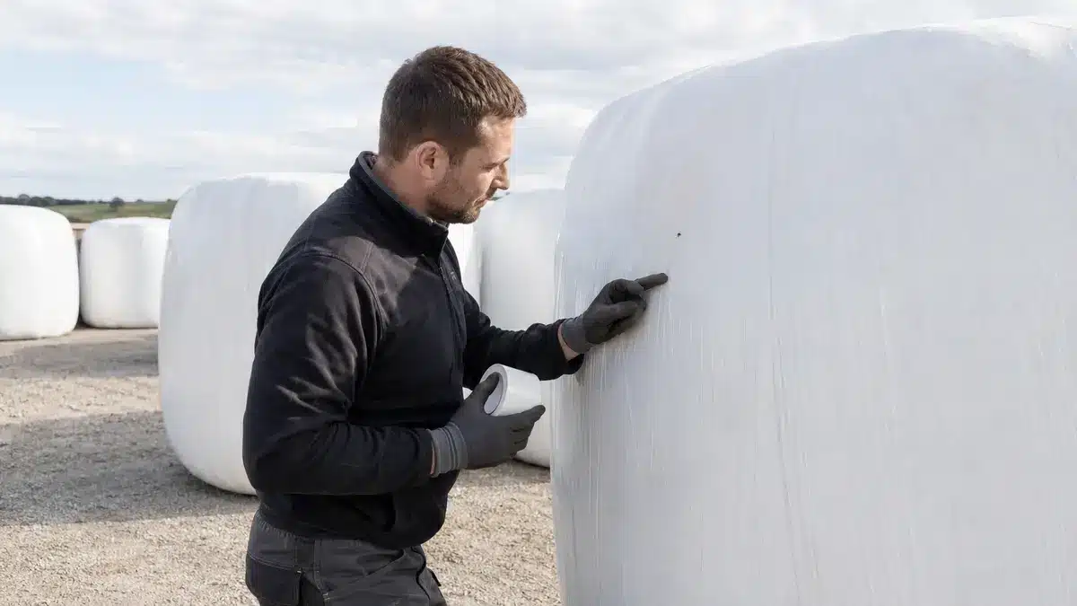 Farm worker inspecting the surface of stored wrapped silage bales