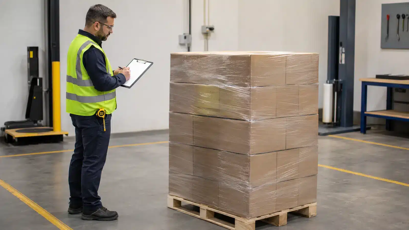 Concept illustration of a packaging technician documenting a wrapped-pallet validation trial