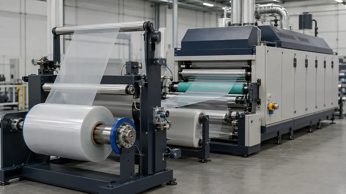 Illustrazione concettuale di un nastro di film traslucido che si muove attraverso una linea generica di laminazione roll-to-roll.