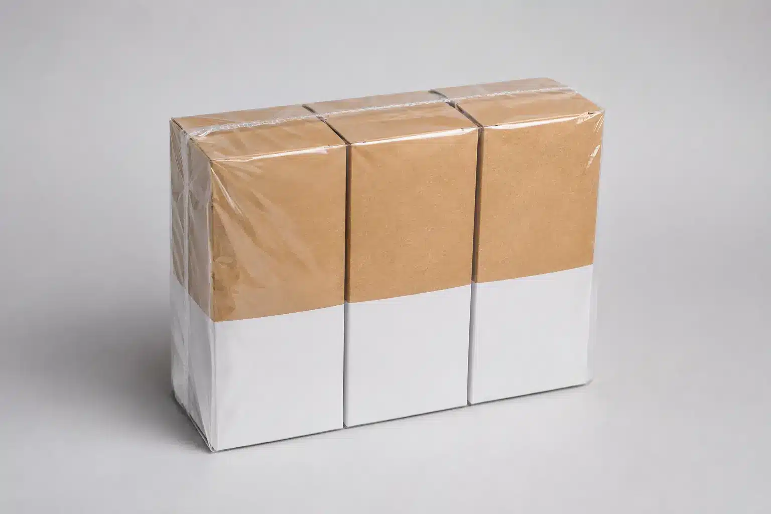 Cartons génériques de consommation enfermés dans un film thermorétractable transparent comme sur-enveloppe protectrice