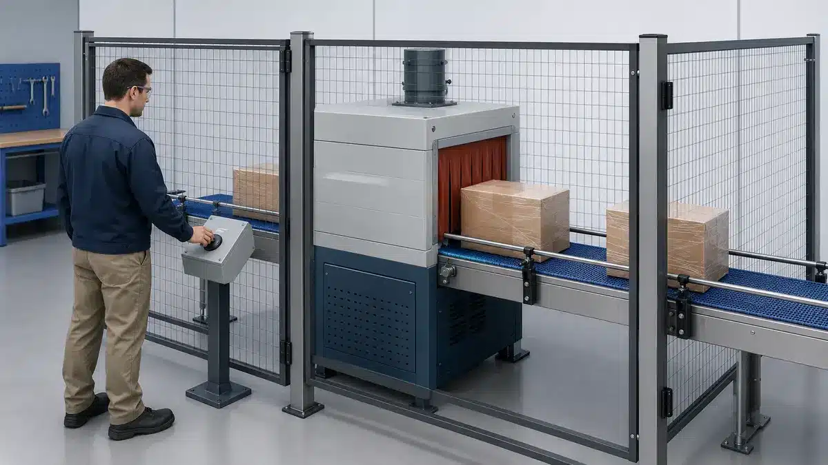Concept illustration of a controlled PVC shrink-film line trial using identical cartons and one setting change at a time.