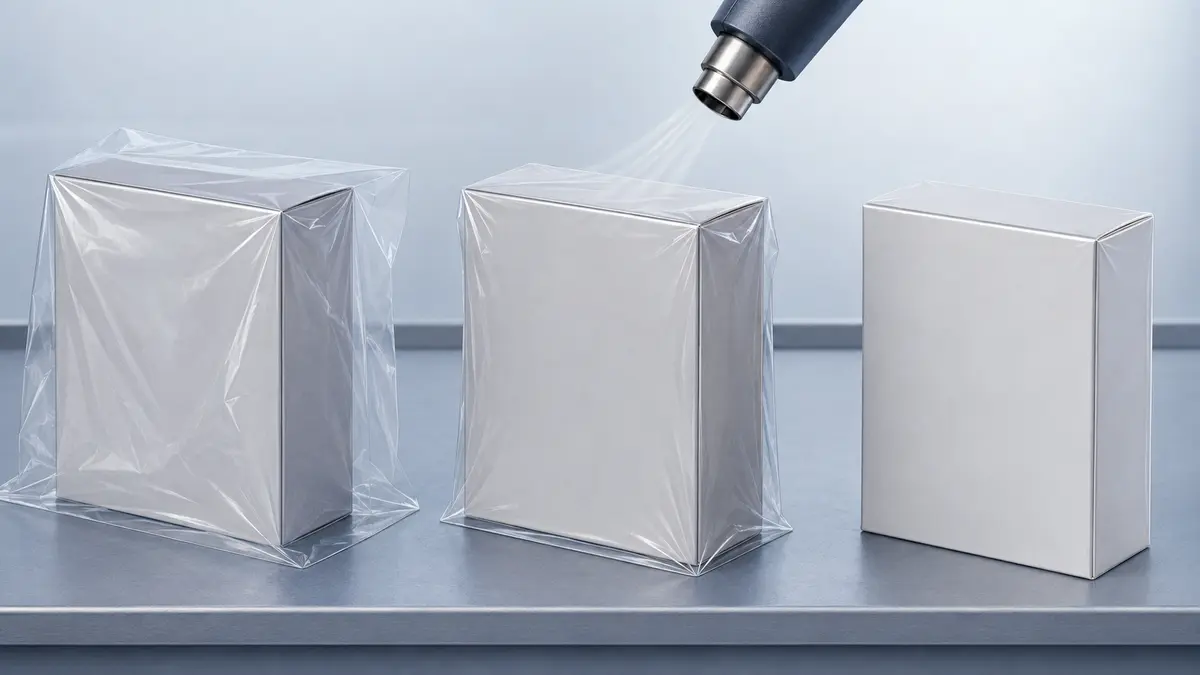 Concept illustration showing loose PVC shrink film contracting into a tight overwrap around generic rigid cartons.