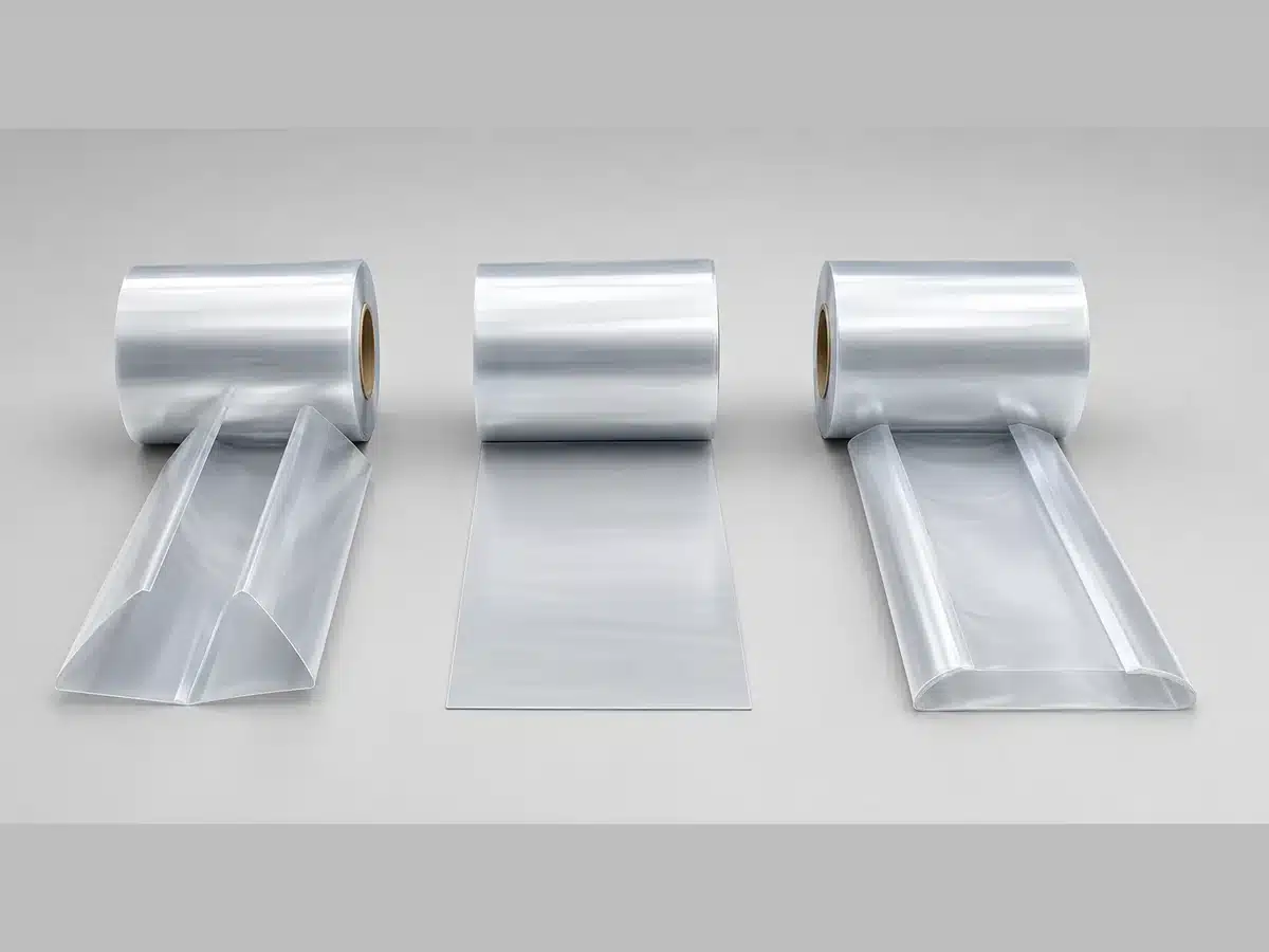 Illustration conceptuelle montrant un film à pli central, une bande plate unique et un film tubulaire à plat comme trois présentations de rouleaux distinctes