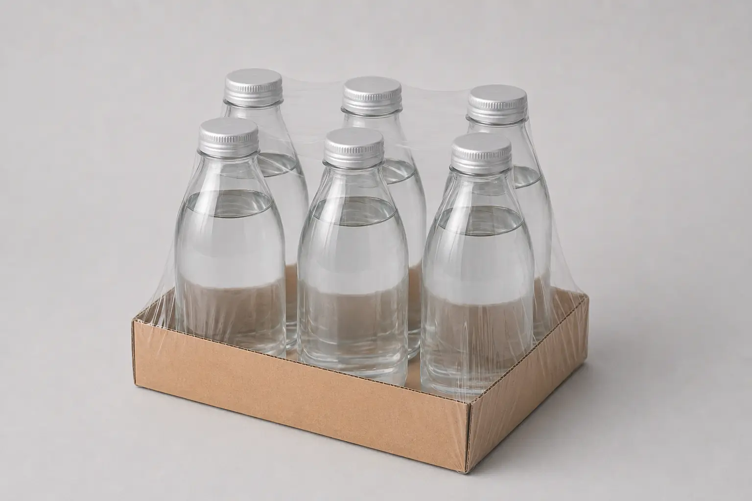Multipack générique de boissons sur plateau, unitisé avec un film rétractable transparent