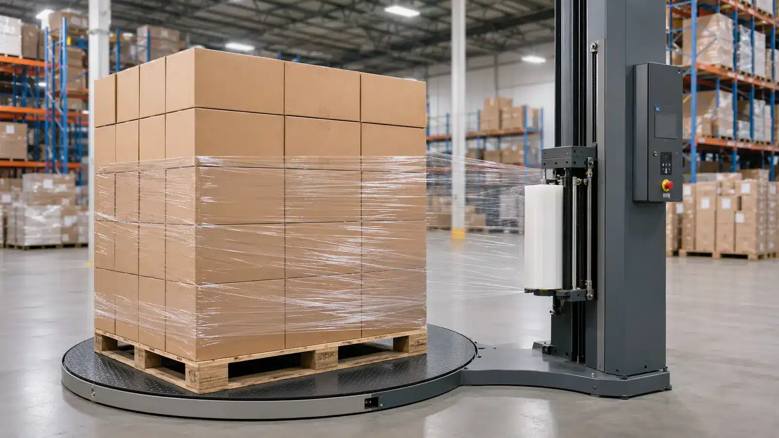 Concept illustration of a pallet of cartons being wrapped with transparent stretch film in a warehouse