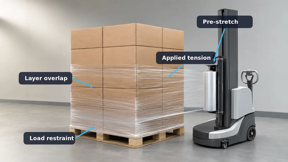 Concept illustration of stretch film being elongated and layered around a pallet load